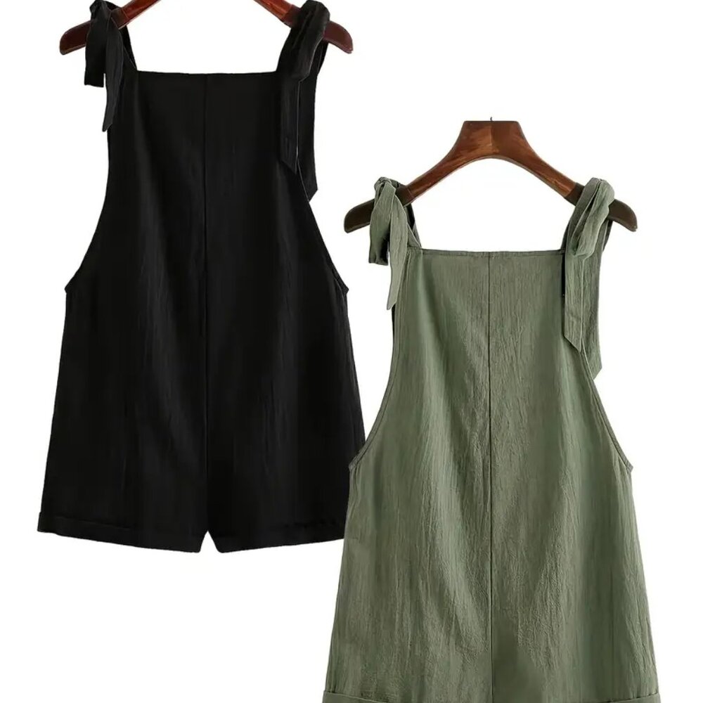 Lightweight Olive Green Overall Romper with pockets and adjustable straps